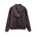 Deep brown oversized faux leather bomber jacket with stand collar and zipper details - XS / Coffee