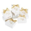 Elegant white square wedding favor boxes with gold ribbon bows and Thank You text - 12.5*10*4.5cm / White