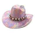 Iridescent snake pattern western cowboy hat with seashell decorative band on white background - M(56-58cm) / Pink