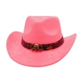 Detail of pink felt cowboy hat featuring a vintage strap and bronze skull ornament - Rose Red