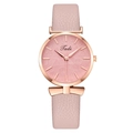 Fashionable women's quartz watch with pink bow leaf pattern and leather strap - Pink