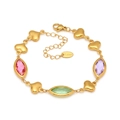 Detail of 18k gold plated heart bracelet with colorful Czech glass leaves and size info - Gold Multicolor