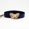 Elastic navy blue belt with large golden butterfly buckle for women dresses - Navy Blue