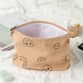 Beige corduroy makeup pouch with black embroidered smiley face and secure zipper - Khaki Heart-Eye Large Makeup Bag