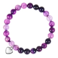 Purple beaded natural stone bracelet featuring a polished silver heart charm for women - Purple Striped Agate Bracelet