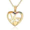 Gold heart pendant necklace with Mom lettering and rainbow gemstones on white background - Rainbow Stone Border Heart Mom Style (21725)
