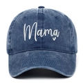 Close-up of white Mama embroidery and heart on navy washed denim baseball cap - Adult Adjustable / Navy Blue