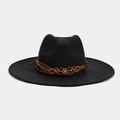 Detail view of black wide-brim fedora featuring a braided band with turquoise and wood beads - Bohemian Brown Wooden Bead Decoration (Color 6)
