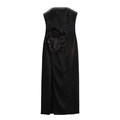 Elegantes trägerloses schwarzes Satinkleid mit 3D-Blumenakzent und Strass-Fransenverzierung - XS / Schwarz