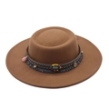 Warm brown wool felt wide brim hat with ethnic woven band and turquoise charms - Brown