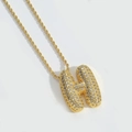 Chunky gold letter H pendant necklace with sparkling rhinestones on a twisted rope chain - Letter H