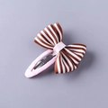 Girl's hair clip featuring a brown and white striped bow on a pink fabric-wrapped base - Striped Coffee