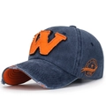 Donkerblauwe gewassen canvas baseballpet met oranje W-patch en vintage afwerking - Verstelbaar / Marineblauw