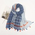 Cotton linen scarf with blue orange wave patterns and fringe tassels flat lay view - Blue White Orange Patchwork Pattern Style (XB180-03)