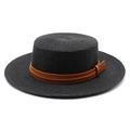 Classic black flat top straw hat with brown faux leather band and silver buckle detail - Black