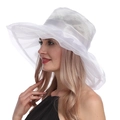 Side view of white organza sun hat with wide brim on model for sun protection - M (56-60cm) / White
