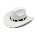 Close-up of white wool cowboy hat with black leather band and vintage silver medallions - M(56-58cm) / White