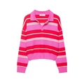 Detail of polo collar and vibrant multi-color striped knit pattern on women's long sleeve top - S / Rose Red Striped