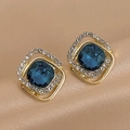 Vintage double-layer gold square stud earrings with blue gemstone and white diamonds - Gold-Blue Square