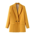 Detail view of the yellow double-breasted blazer with real flap pockets and sleek cuffs - S / Tops / Turmeric