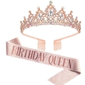 Birthday Queen set featuring a rose gold rhinestone tiara and pink glitter sash - Rose Gold AB Crystal (Queen)