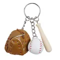 Mini baseball keychain set with brown leather glove, white ball, and wooden bat - 3-in-1 2cm Ball / Khaki