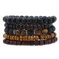 Five-piece handmade beaded bracelet set for men with wood and tiger eye stone beads - Tiger Eye Volcanic Stone Combo (06)