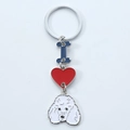 Detail view of poodle charm with red heart and letter I on metal keychain - White Poodle Style (12)