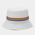Detailed close-up of stitching and vibrant rainbow ribbon on white cotton sun hat - M (56-58cm) / White
