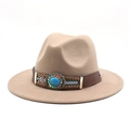 Ethnic wide brim fedora hat in light brown with turquoise boho decorative band - M (56-58cm) / Light Purple Grey