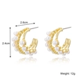 Golden C-shaped double layer hoop earrings with white pearls and 2.4cm height - Triple Row C-Shape Pearl Hoop