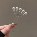 Épingle à cheveux argentée en U avec cinq perles blanches sur couronnes - Style Couronne à Cinq Perles (#208) / Argent