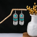 Bohemian silver drop earrings featuring turquoise beads and metal feather tassels - E5876-2 (Silver Turquoise Feather)