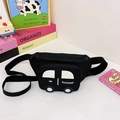 Black cartoon car waist bag for kids featuring a zipper closure and adjustable nylon strap - Black