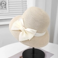 Close-up of fine woven straw hat texture with an elegant creamy satin bow detail - 57.5cm (Adjustable) / Beige (Satin Bow)