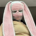 Pink and mint green handmade crochet skull balaclava with long rabbit ears - Adult 56-59cm / Gray Rabbit Ear Hat With Pink Skull
