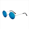 Retro round silver metal sunglasses with blue mirrored lenses and black temple tips - Silver Frame Blue Mirror Lens