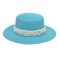 Chapeau de paille bleu lac pour femme avec ruban de perles blanches pour la plage - M (56-58cm) / Bleu lac