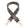 Detail of adjustable woven black and beige bag strap with gold metal hooks and buckle - A19 Black Beige