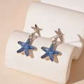 Elegant starfish drop earrings featuring blue glitter resin and silver-tone metal finish - Blue Rhinestone Fragment Starfish Double Layer Drop Earrings