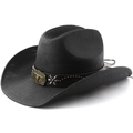 Black western cowboy straw hat with brown leather band and bull head metal buckle - M (56-58cm) / All Black