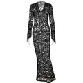 Robe longue élégante en dentelle noire avec col en V profond et manches longues évasées - S / Noir
