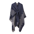 Reversible navy and grey striped poncho shawl with geometric patterns and front tie - Herringbone-Navy Blue