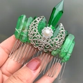 Detail of handmade silver crescent moon hair comb with green crystal and center pearl - Hair Comb / Green