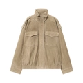 Women's khaki faux suede bomber jacket with stand collar and large utility pockets - XS / Khaki