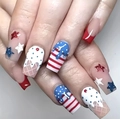 Independence Day lange Sarg-Nägel zum Aufkleben mit US-Flaggen-Stars und Eiscreme-Design - Gelbe Gelee Kleber Set (Temu/Tiktok)
