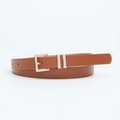 Slim brown faux leather belt for women with elegant gold square buckle and dual loops - Camel