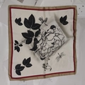 Elegant square silk scarf featuring black floral prints and birds on beige background - Peony Large Flower Black Small Square Scarf / 65