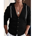 Detailed close-up of men's black hooded striped shirt showing button texture and fabric - S / Black
