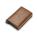 Classic brown lychee grain leather wallet with RFID blocking silver aluminum card holder - Brown